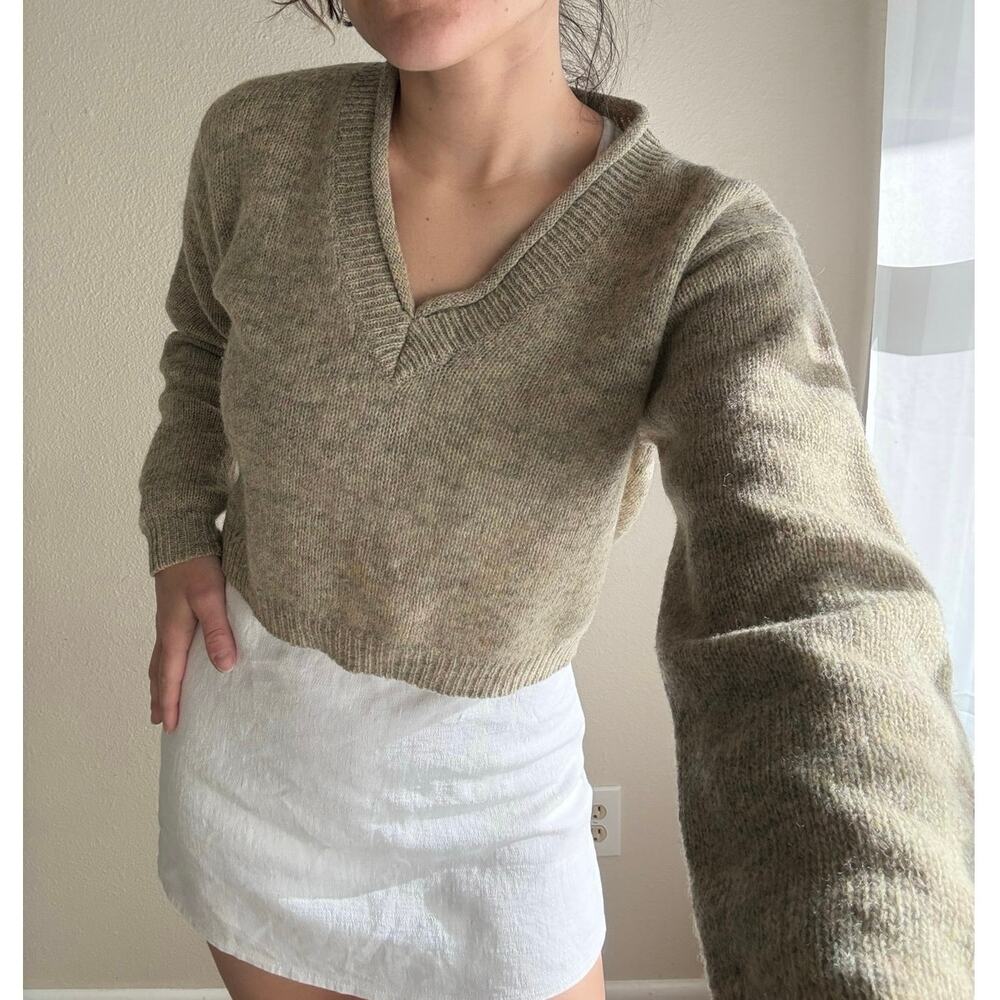Vintage 100% Wool V Neck Crop Sweater tan minimalist neutral coastal winter fall
